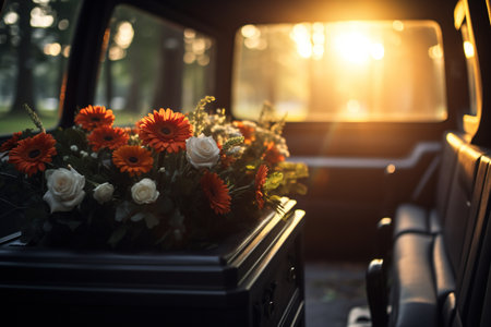 closeup shot of a casket in a hearse or chapel before funeral or burial at cemeteryの素材