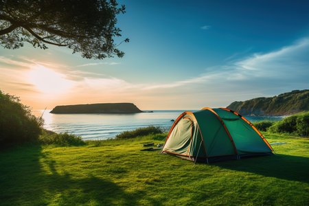Camping on the beach at sunrise. Beautiful landscape with a tentの素材