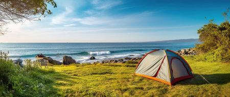 Camping tent on the beach. Camping on the sea shore.の素材