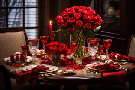 Romantic dinner table setting with red roses, candles and wine glassesの素材