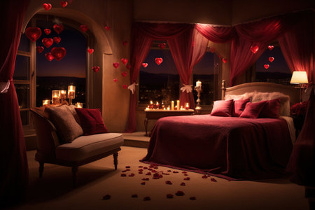 Romantic bedroom with red hearts and candles on the window. Valentine's day concept.の素材