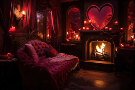 Romantic evening in the interior of a room with a fireplace.の素材