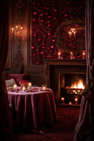 Romantic evening in the interior of a country house. A beautiful bed with candles, a red velvet sofa and a fireplace.の素材