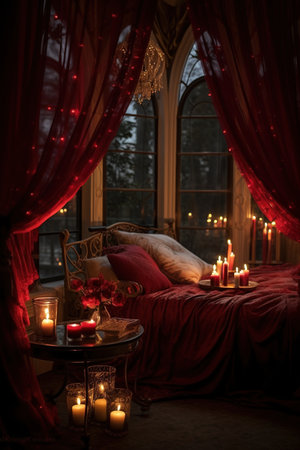 Romantic evening in the interior of a country house with red curtains, candles and bedの素材