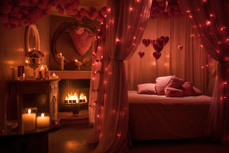 Valentine's day concept. Bedroom with red hearts and candlesの素材