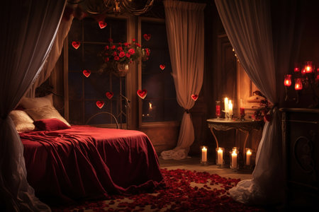 Romantic bedroom with red roses and candles. Romantic evening atmosphere.の素材