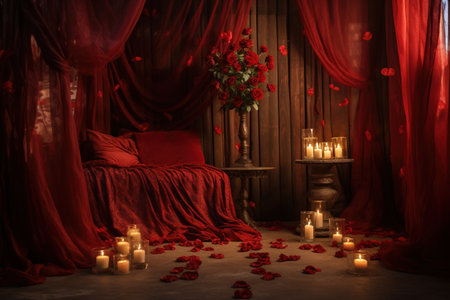 Romantic evening in the interior of the room with red curtains, candles and rose petalsの素材