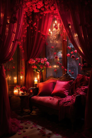 Romantic evening in the interior of the room with red curtains and candles.の素材