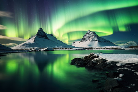 Aurora borealis over Kirkjufell mountain, Icelandの素材