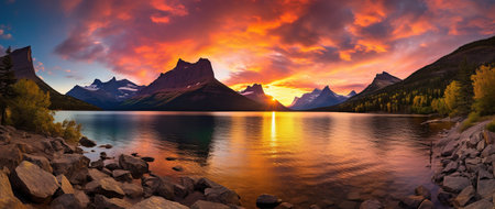 Panorama of Glacier National Park at sunset, Montana, USA.の素材