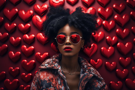 Fashionable african american woman with afro hairstyle and sunglasses on the red background with hearts.の素材