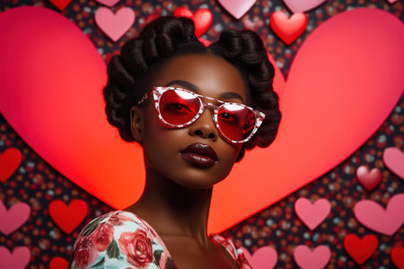 Beautiful african american woman in red heart shaped sunglasses.の素材