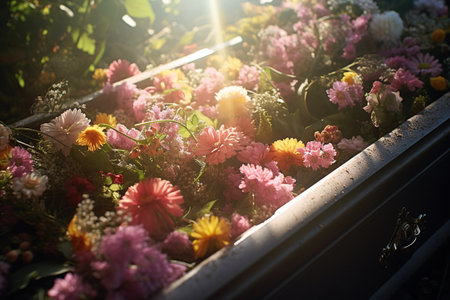 Colorful flowers on the windowsill in the garden at sunrise.の素材