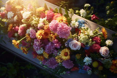Colorful flower bouquet on the table in the garden at sunsetの素材