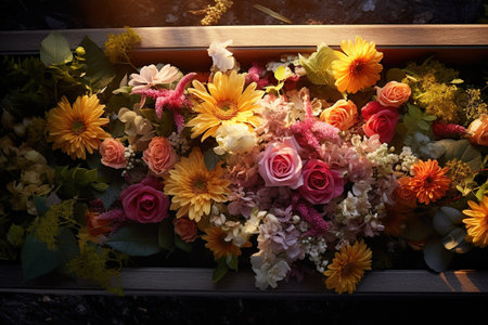 Flower arrangement in a wooden box on a dark background. Close-up.の素材