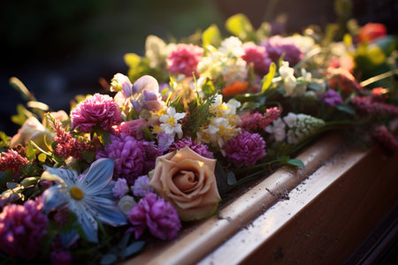 Beautiful bouquet of flowers on the windowsill in the cemeteryの素材