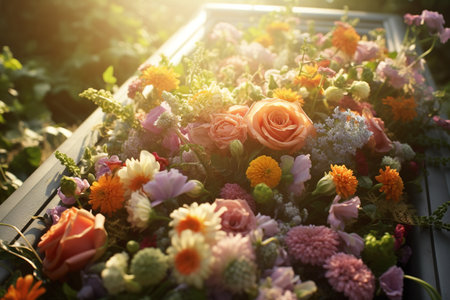 Beautiful bouquet of colorful flowers in the box, closeupの素材