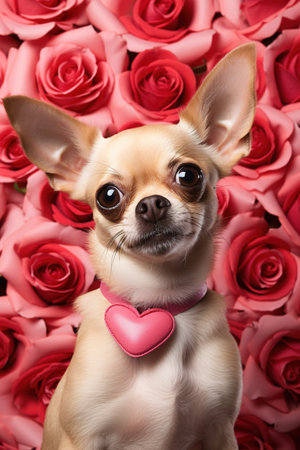 Cute chihuahua dog with heart on pink roses backgroundの素材