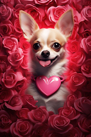 Cute chihuahua dog with heart on pink roses backgroundの素材