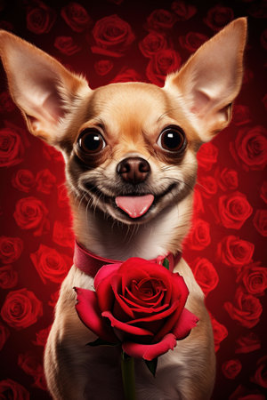 Portrait of a cute chihuahua dog with a red rose on a red backgroundの素材