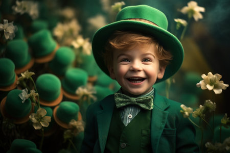 Little boy in green leprechaun suit and bow tie. He is smiling.の素材
