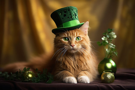 Cute ginger cat in leprechaun hat with Christmas decorationの素材