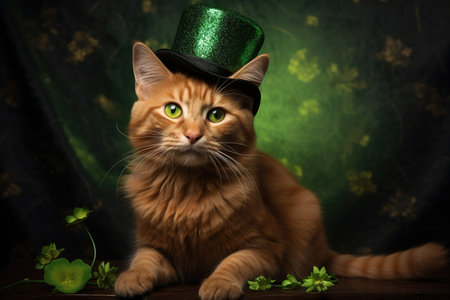 Red cat in a green top hat and clover leaves on a dark backgroundの素材