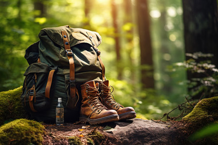 Hiking boots and backpack in the forest. Hiking concept.の素材