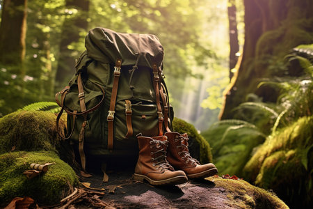 Hiking boots and backpack on a mossy stone in the forestの素材