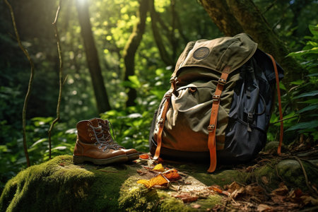 Backpack and shoes on the stone in the forest. Travel conceptの素材