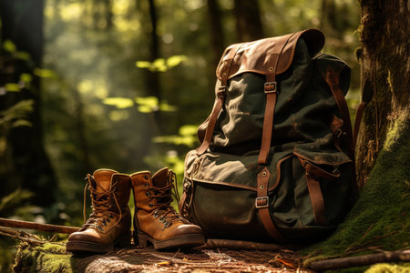 Hiking boots and backpack in the forest. Travel, adventure, lifestyle concept.の素材