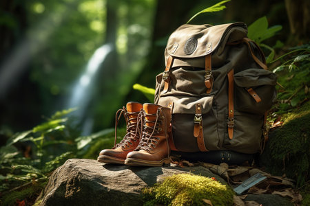 Hiking boots and backpack on the stone in forest with waterfall backgroundの素材