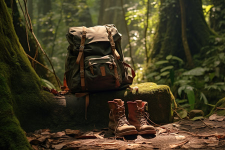 Hiking boots and backpack in the forest. Travel and adventure concept.の素材