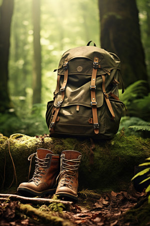 Hiking boots and backpack on mossy tree trunk in the forestの素材
