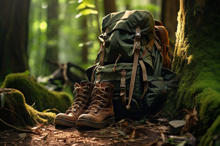 Hiking boots and backpack in the forest. Travel and adventure concept.の素材