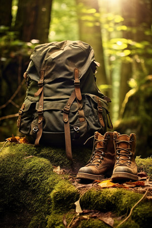 Hiking boots and backpack in the forest. Travel and adventure concept.の素材
