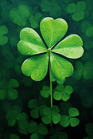 Green clover leaf with water drops on dark background. St. Patrick's Dayの素材