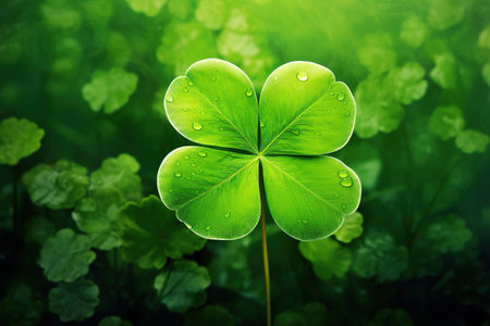 Green clover leaf with water drops on blurred green background. St. Patrick's day concept.の素材