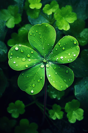 Green clover leaf with water drops on it. St.Patrick's Dayの素材