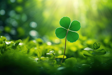 Green clover leaves on green bokeh background in sunny dayの素材
