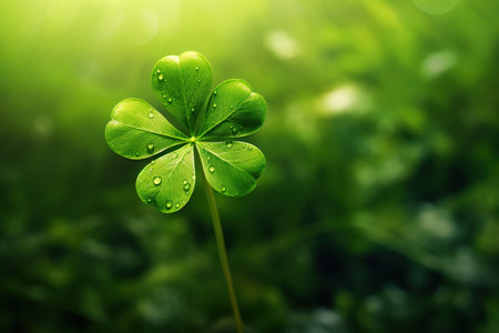Green clover leaf with dew drops on blurred green nature backgroundの素材