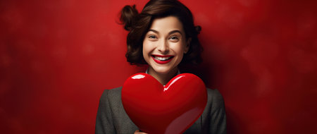 Portrait of a beautiful young woman holding red heart on red backgroundの素材