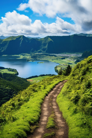 Walking path to the lake in Azores island, Portugal.の素材