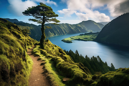 Beautiful panorama of Lake Wakatipu, in the Azores, Portugalの素材
