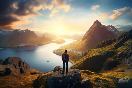 Man standing on a rock and looking at the fjord.の素材