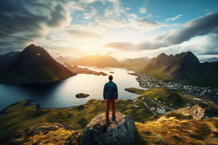 Man standing on the edge of a cliff and looking at the fjord.の素材