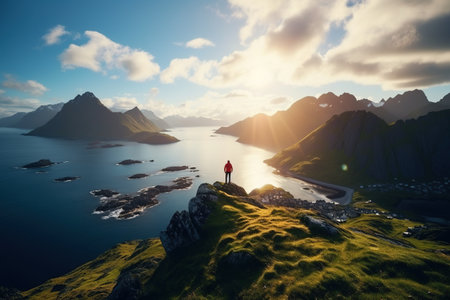 Man standing on the edge of a cliff and looking at the fjord and mountains at sunsetの素材