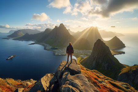 Man standing on the top of a mountain and enjoying the view of the Lofoten islands, Norwayの素材