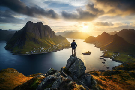 Man standing on a rock and enjoying the view over Lofoten islands, Norwayの素材