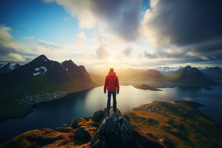 Hiker standing on the edge of a cliff and enjoying the view of a fjord in Norwayの素材